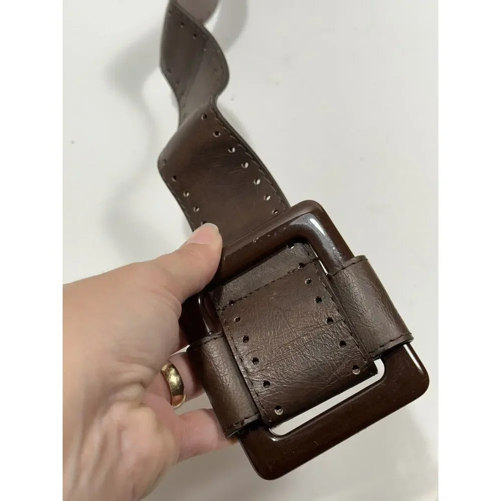 Fashion Belt Women Brown 100% PU Acrylic Large Buckle Embossed Faux‎ Sz 2X